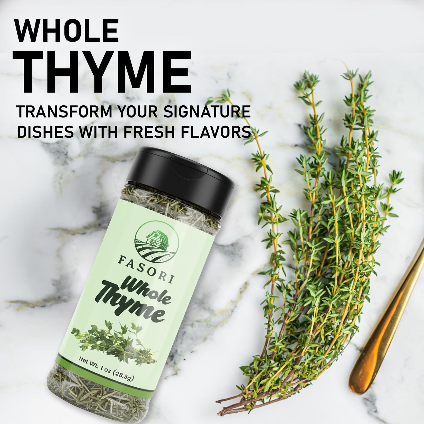 Fasori Thyme Leaves 1 oz (28 g) – Premium Dried Whole Thyme Herb, Aromatic Mediterranean Spice for Cooking, Roasts, Chicken & Vegetables
