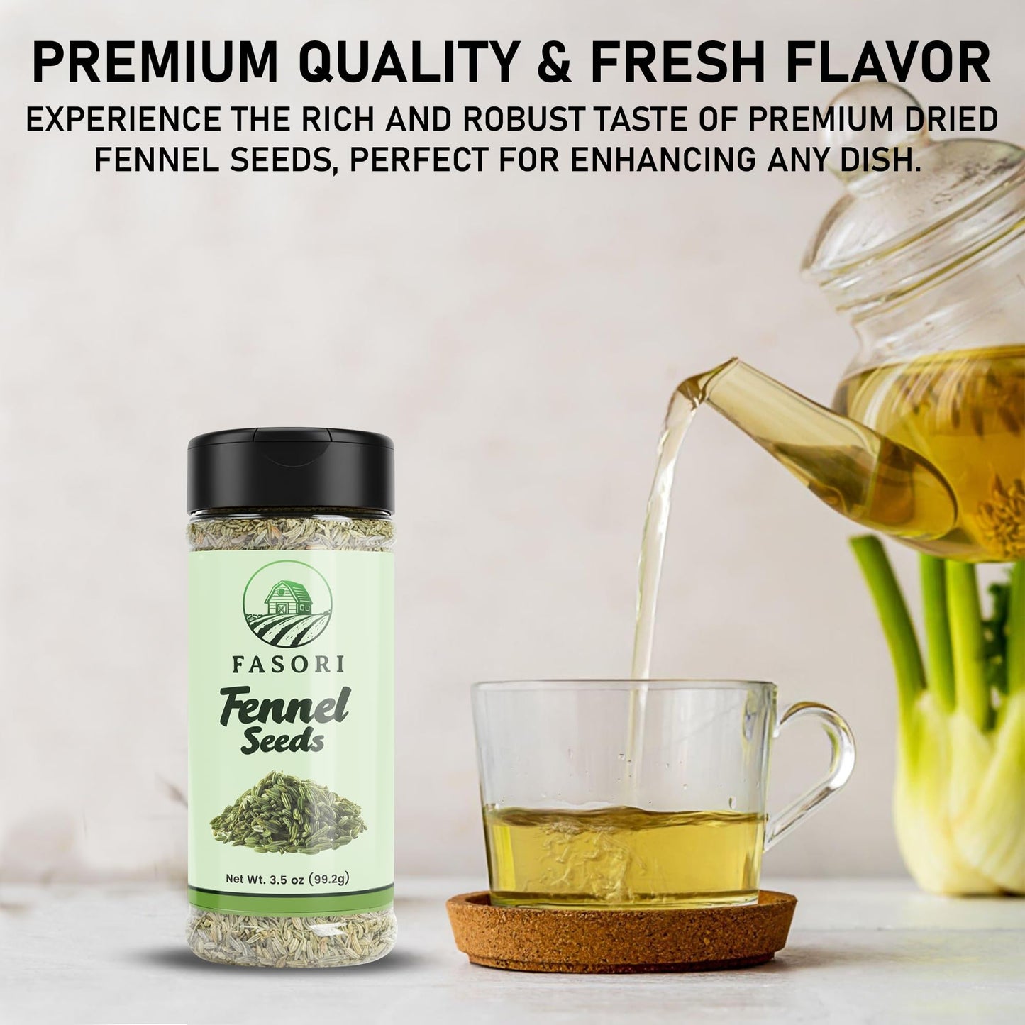Fasori Fennel Seeds Whole 3.5 oz (99 g) Premium Dried Fennel for Cooking, Tea, Digestion, Indian Spices, Mediterranean Recipes, Seasoning, Vegan.