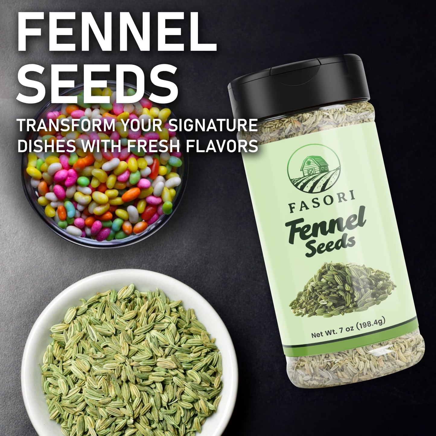 Fasori Fennel Seeds Whole 7 oz (198 g) Jar | Premium Dried Fennel for Cooking, Tea, Digestion, Indian Spices, Mediterranean Recipes, Seasoning, Vegan.