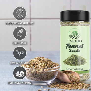 Fasori Fennel Seeds Whole 7 oz (198 g) Jar | Premium Dried Fennel for Cooking, Tea, Digestion, Indian Spices, Mediterranean Recipes, Seasoning, Vegan.