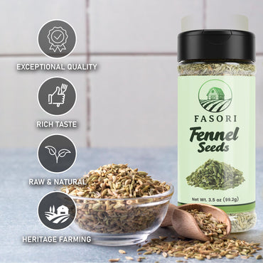 Fasori Fennel Seeds Whole 3.5 oz (99 g) Premium Dried Fennel for Cooking, Tea, Digestion, Indian Spices, Mediterranean Recipes, Seasoning, Vegan.
