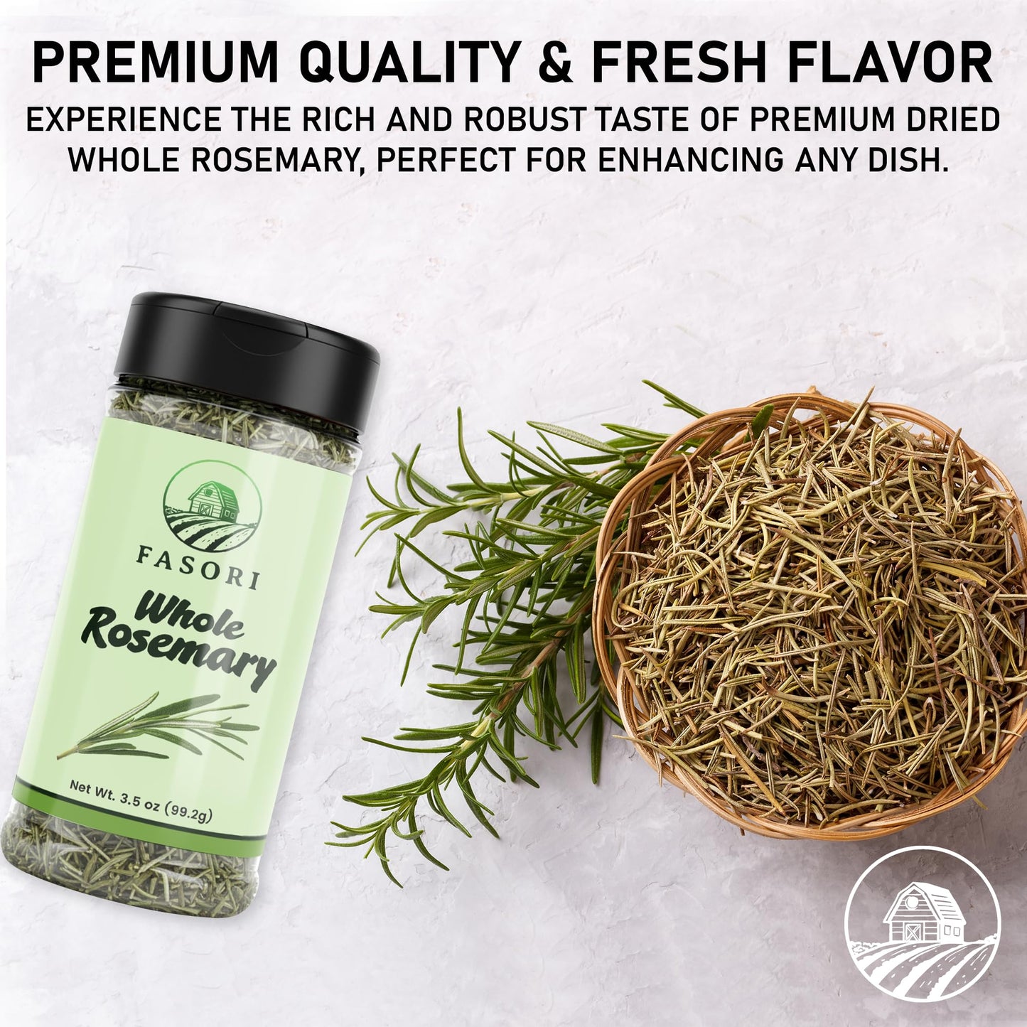 Fasori Rosemary Whole Leaves 3.5 oz (99 g) – Premium Dried Whole Rosemary Herb, Aromatic Mediterranean Spice for Cooking, Roasts, Chicken & Potatoes