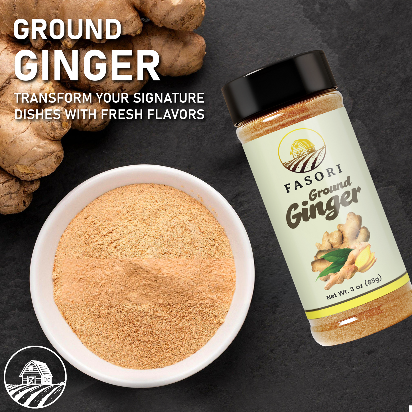 Fasori Ground Ginger Powder 3 oz (85 g) – Premium Fine Ginger Root, Fresh & Aromatic, Perfect for Cooking, Baking, Smoothies & Tea