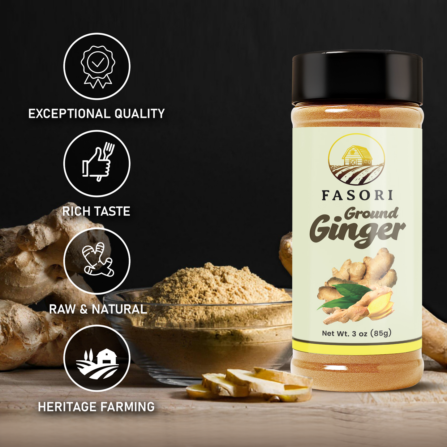 Fasori Ground Ginger Powder 3 oz (85 g) – Premium Fine Ginger Root, Fresh & Aromatic, Perfect for Cooking, Baking, Smoothies & Tea
