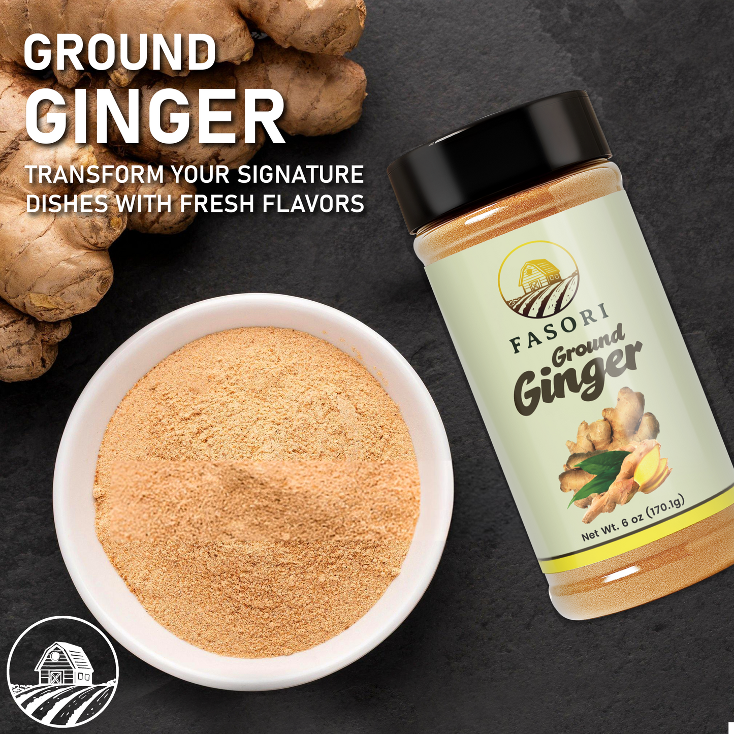 Fasori Ground Ginger Powder 6 oz (170 g) – Premium Fine Ginger Root, Fresh & Aromatic, Perfect for Cooking, Baking, Smoothies & Tea