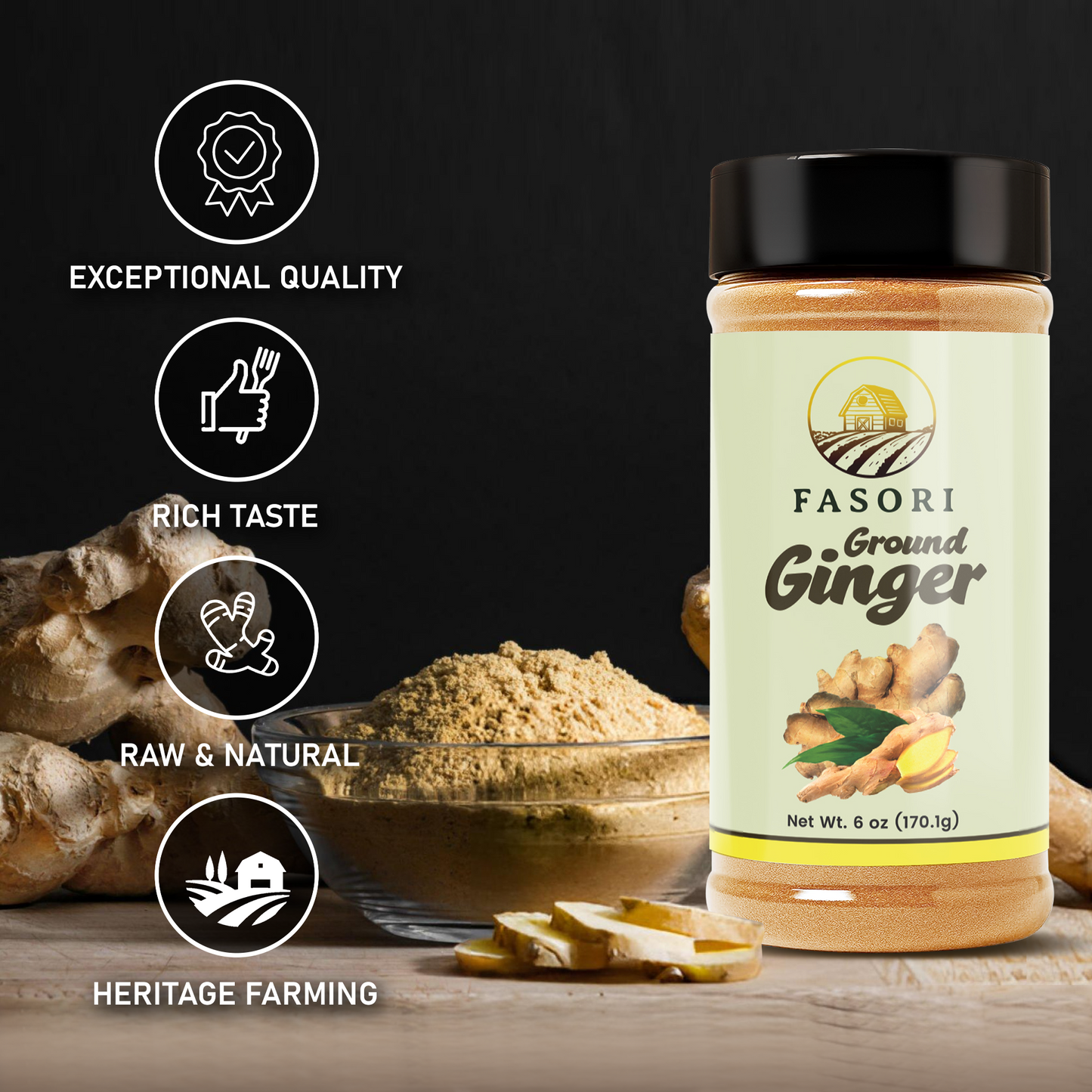 Fasori Ground Ginger Powder 6 oz (170 g) – Premium Fine Ginger Root, Fresh & Aromatic, Perfect for Cooking, Baking, Smoothies & Tea