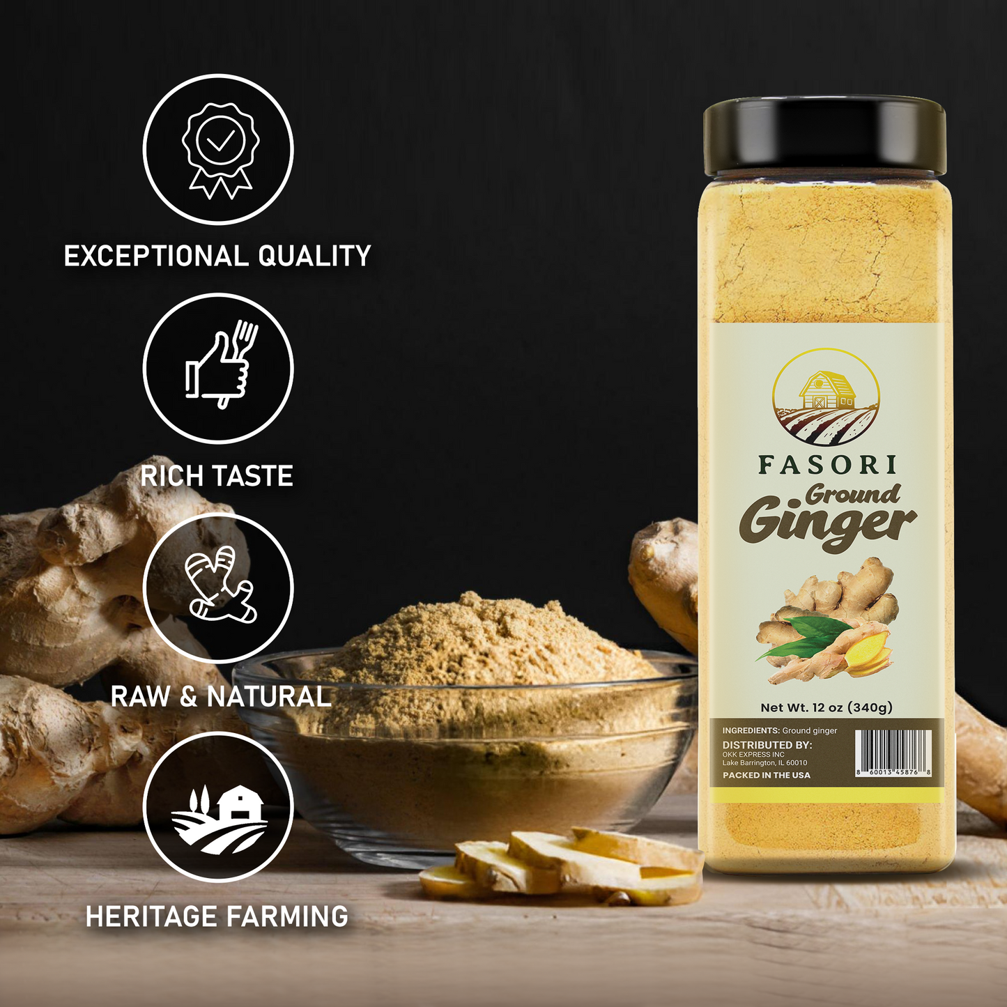 Fasori Ground Ginger Powder 12 oz (340 g) – Premium Fine Ginger Root, Fresh & Aromatic, Perfect for Cooking, Baking, Smoothies & Tea