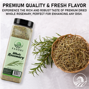 Fasori Rosemary Whole Leaves 8 oz (227 g) – Premium Dried Whole Rosemary Herb, Aromatic Mediterranean Spice for Cooking, Roasts, Chicken & Potatoes