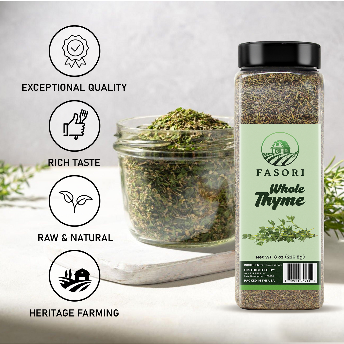 Fasori Thyme Leaves 8 oz (227 g) – Premium Dried Whole Thyme Herb, Aromatic Mediterranean Spice for Cooking, Roasts, Chicken & Vegetables