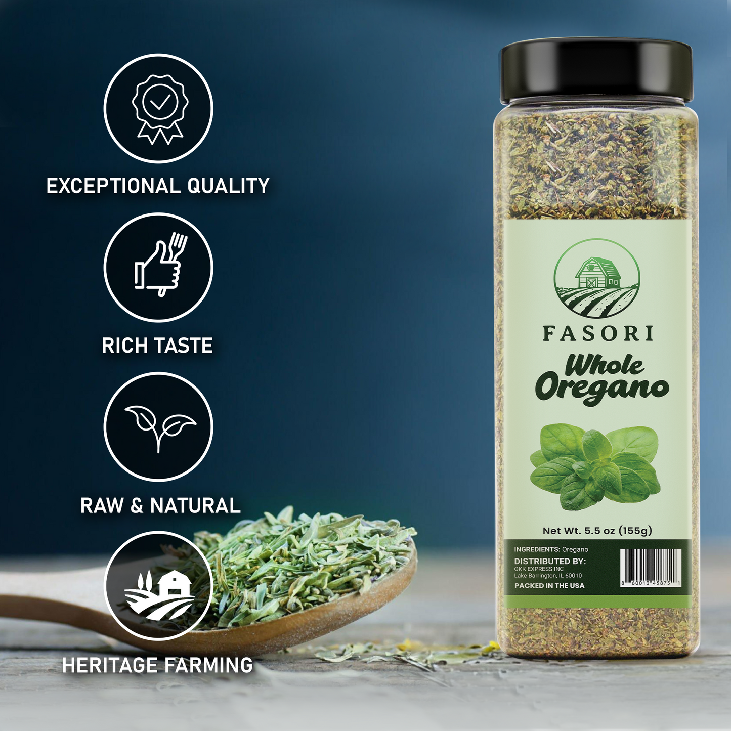 Fasori Oregano Whole Leaves 5.5 oz (156 g) – Premium Dried Oregano, Aromatic Mediterranean Herb for Italian Cooking, Pizza, Pasta & Sauces