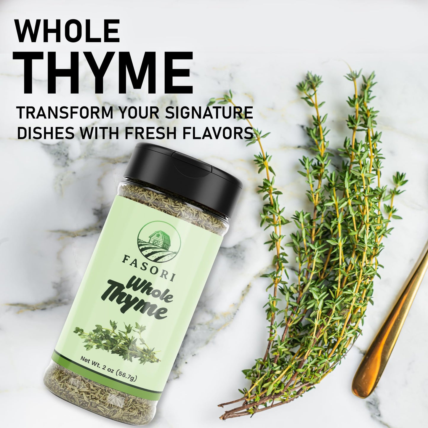Fasori Thyme Leaves 2 oz (57 g) – Premium Dried Whole Thyme Herb, Aromatic Mediterranean Spice for Cooking, Roasts, Chicken & Vegetables